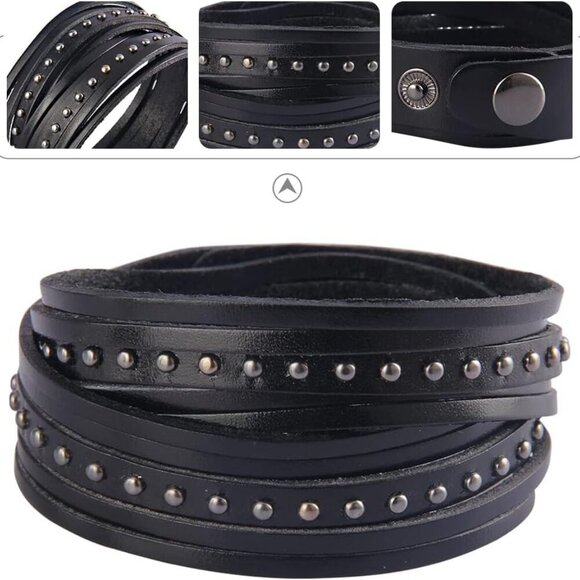 Black Punk Leather Cuff Bracelet for Men Women, Adjustable, Gothic Style, Comfor - Picture 4 of 7